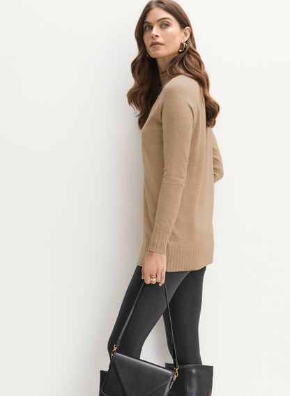 Women Mock Neck Rib Knit Sweater Dark Oatmeal | Melanie Lyne
