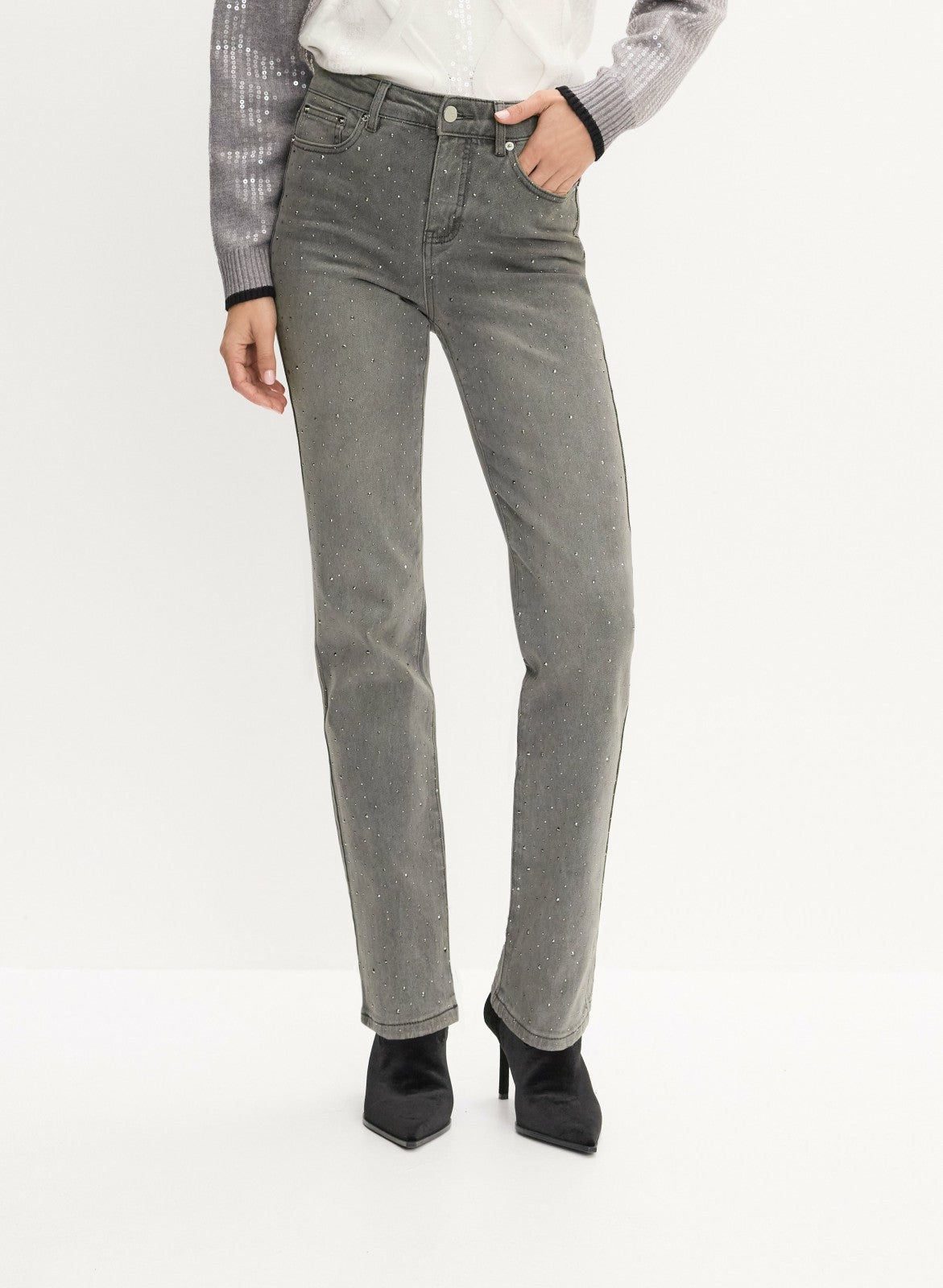 Women Studded Embellished Jeans Dark Grey | Melanie Lyne