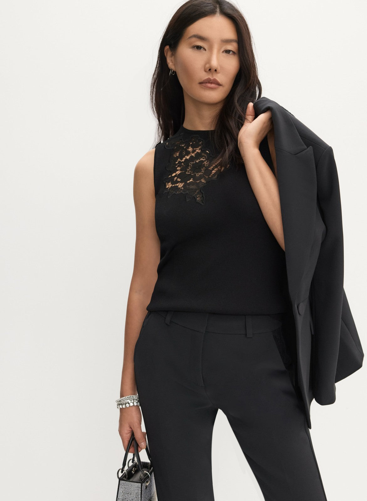 Women Lace Insert Knit Tank Top Black | Melanie Lyne