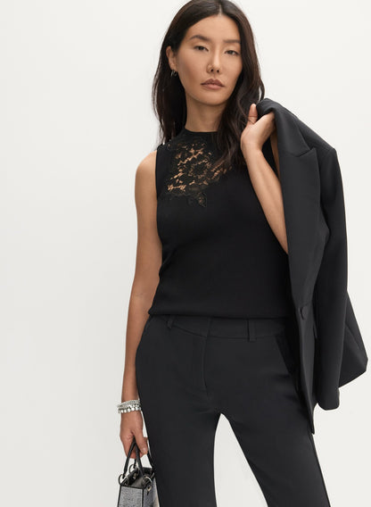Women Lace Insert Knit Tank Top Black | Melanie Lyne