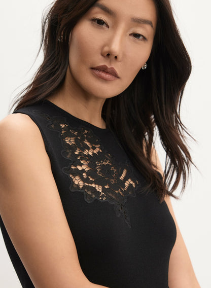 Women Lace Insert Knit Tank Top Black | Melanie Lyne