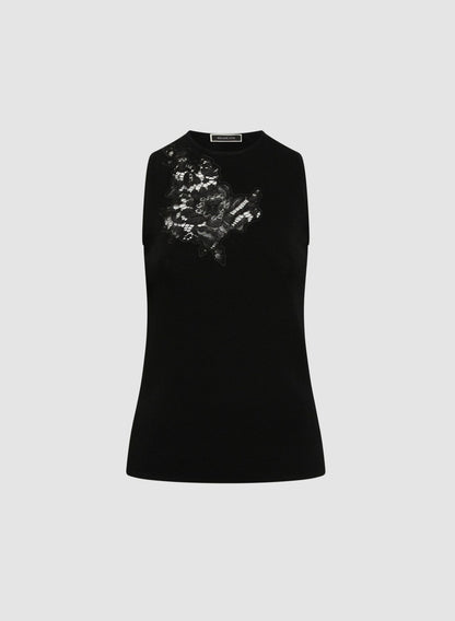 Women Lace Insert Knit Tank Top Black | Melanie Lyne
