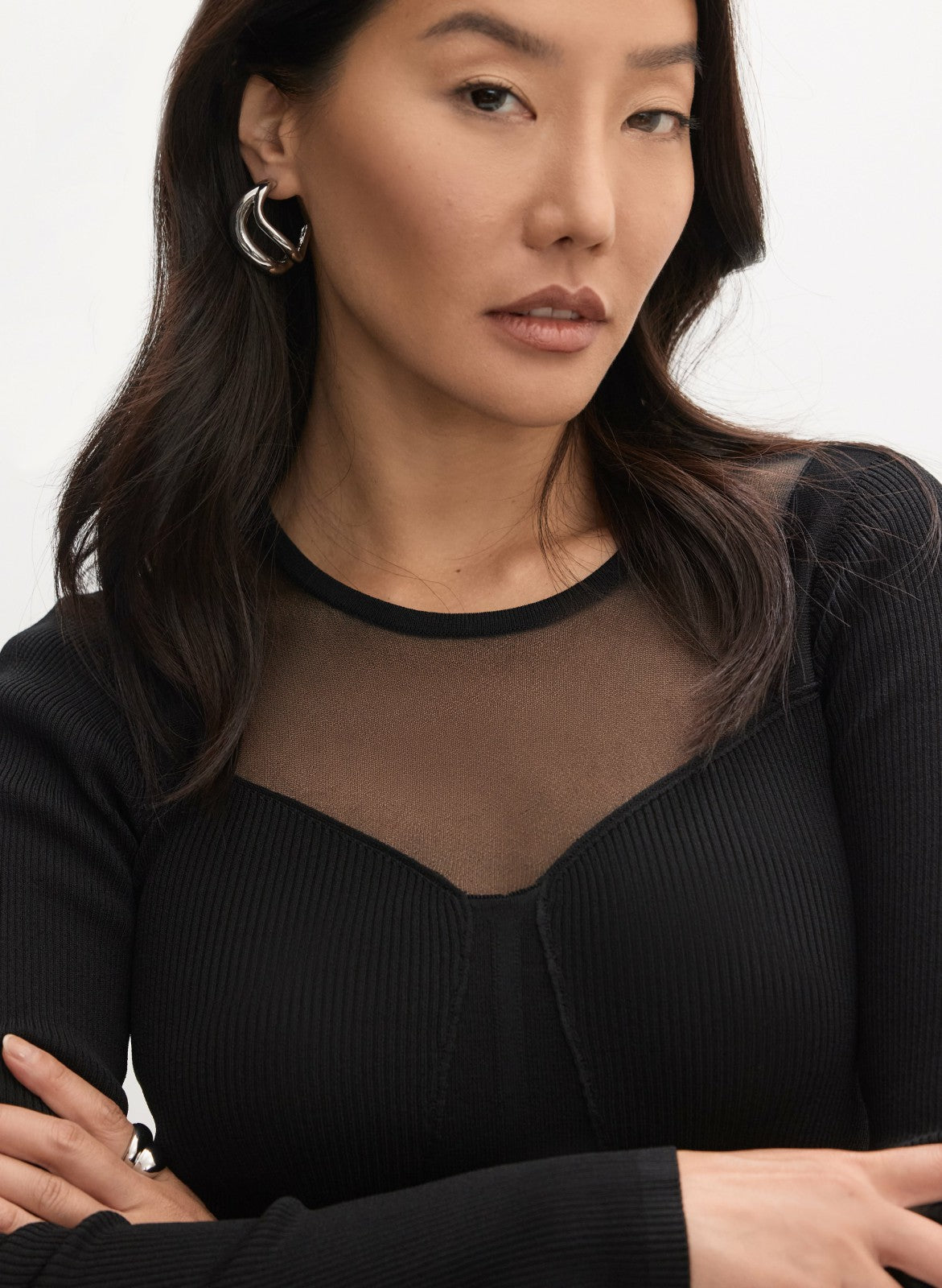 Women Sheer Yoke Pullover Sweater Black | Melanie Lyne