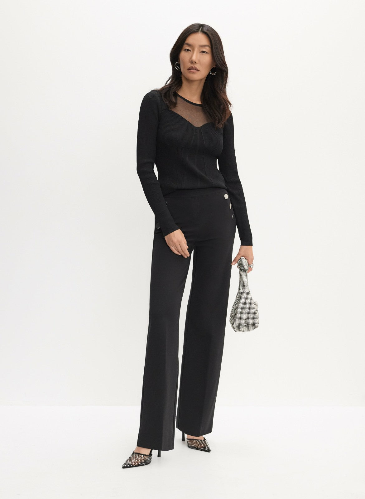 Women Sheer Yoke Pullover Sweater Black | Melanie Lyne