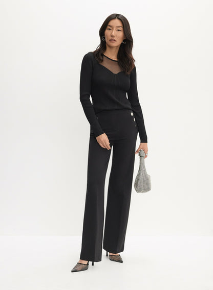 Women Sheer Yoke Pullover Sweater Black | Melanie Lyne