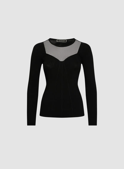 Women Sheer Yoke Pullover Sweater Black | Melanie Lyne