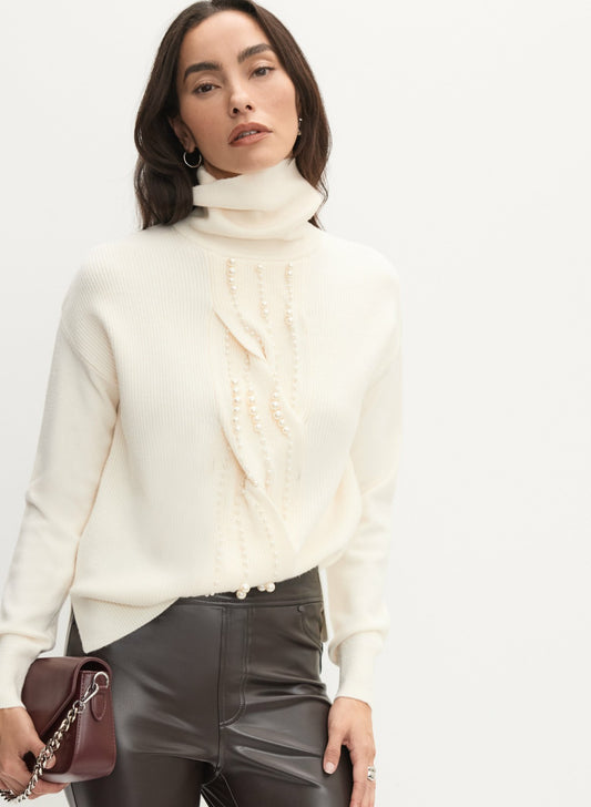 Women Beaded Twist Front Turtleneck Sweater Panna | Melanie Lyne