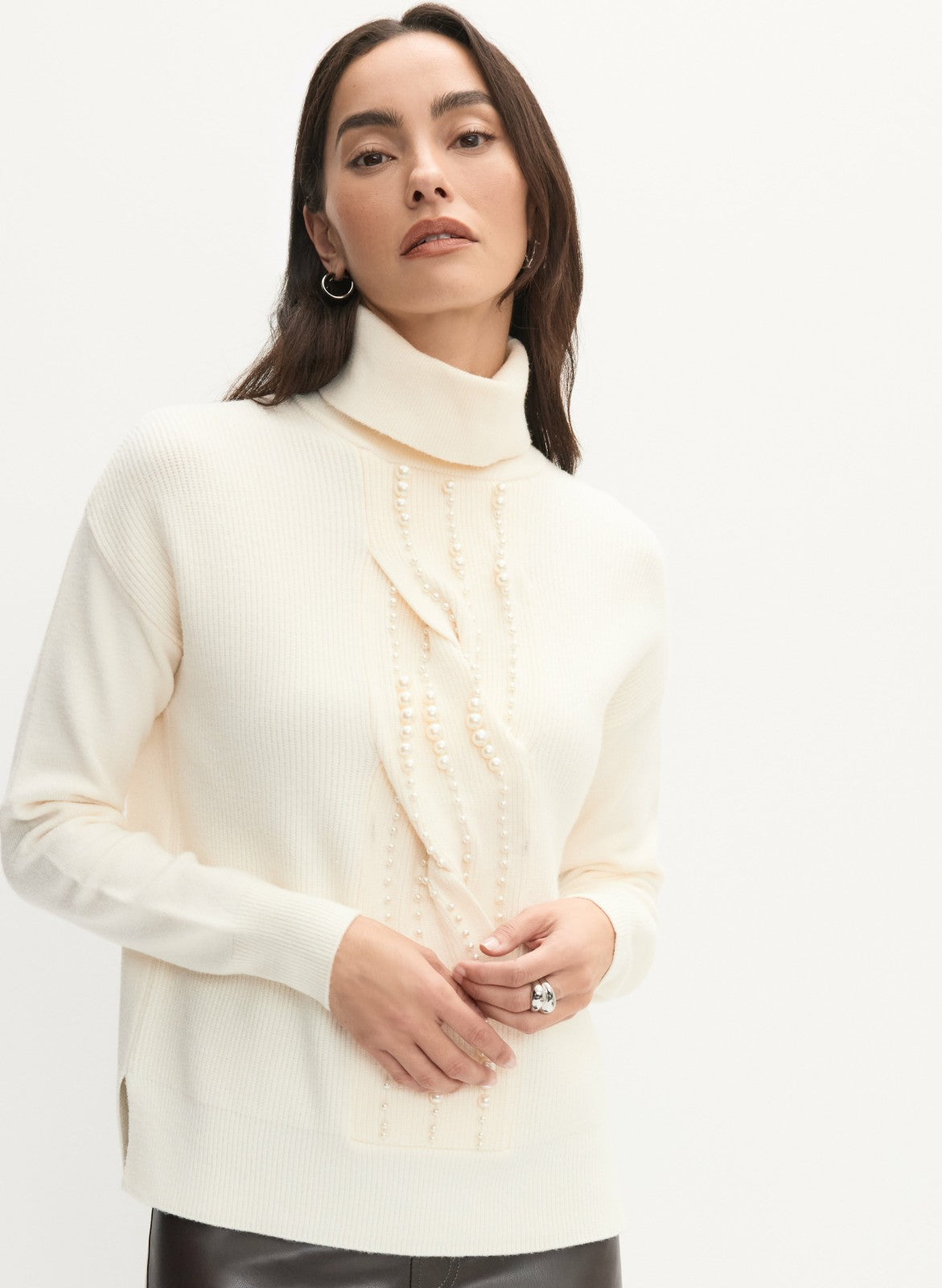 Women Beaded Twist Front Turtleneck Sweater Panna | Melanie Lyne