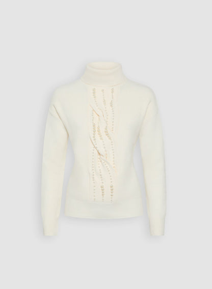 Women Beaded Twist Front Turtleneck Sweater Panna | Melanie Lyne