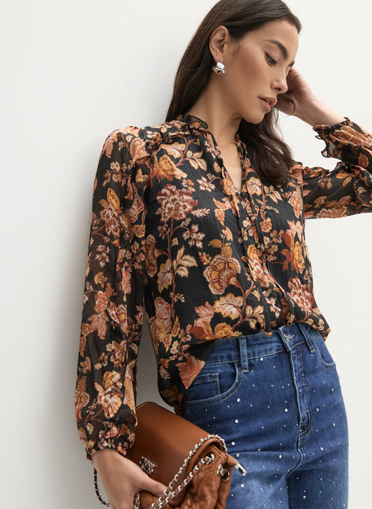 Women Floral Frilled Neck Blouse Black Pattern | Melanie Lyne