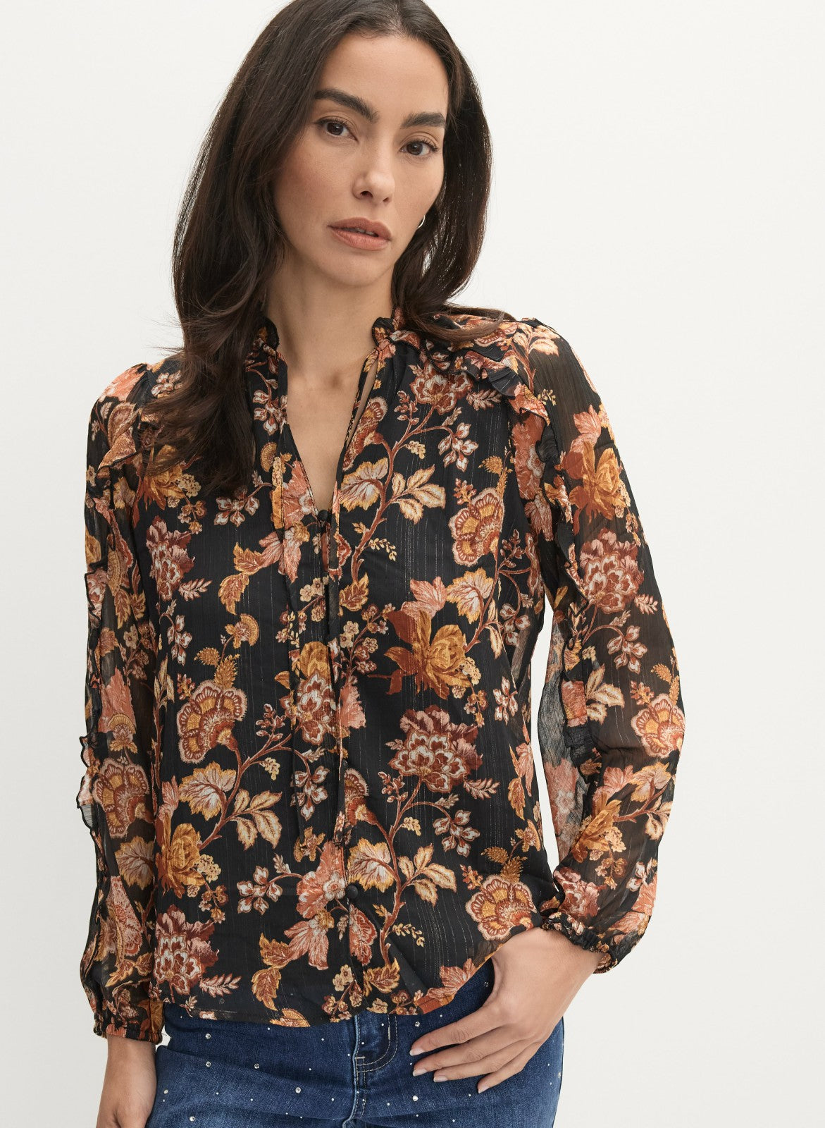 Women Floral Frilled Neck Blouse Black Pattern | Melanie Lyne