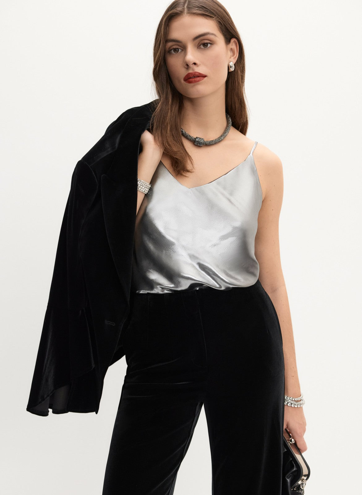 Women Sleeveless Lamé Blouse Silver Onyx | Melanie Lyne