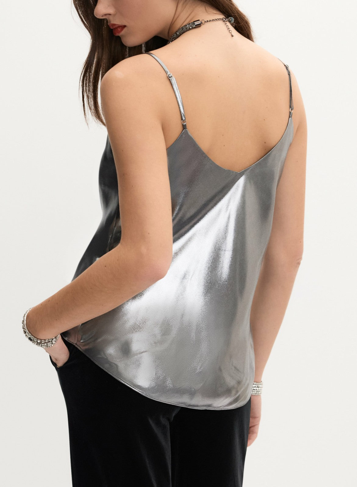 Women Sleeveless Lamé Blouse Silver Onyx | Melanie Lyne