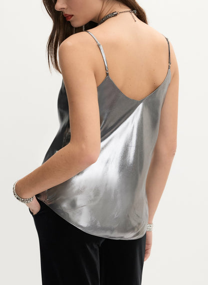 Women Sleeveless Lamé Blouse Silver Onyx | Melanie Lyne