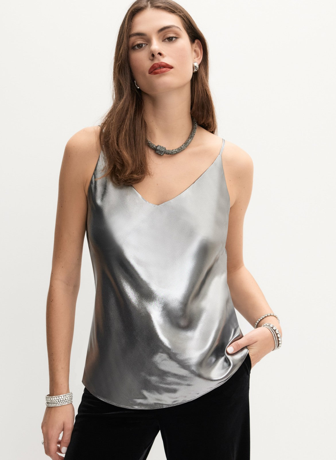 Women Sleeveless Lamé Blouse Silver Onyx | Melanie Lyne
