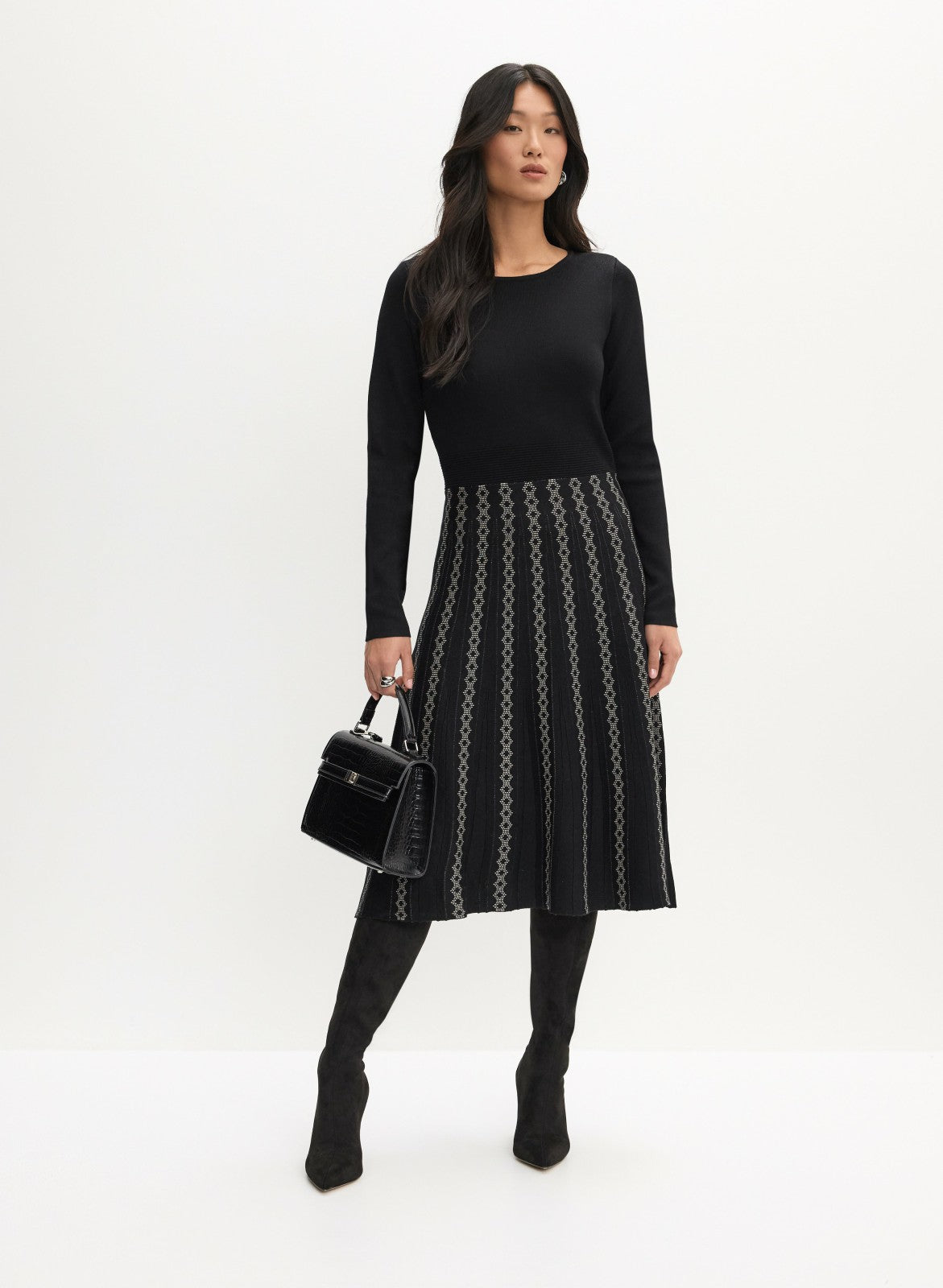 Women Mixed Jacquard Knit Dress Black | Melanie Lyne