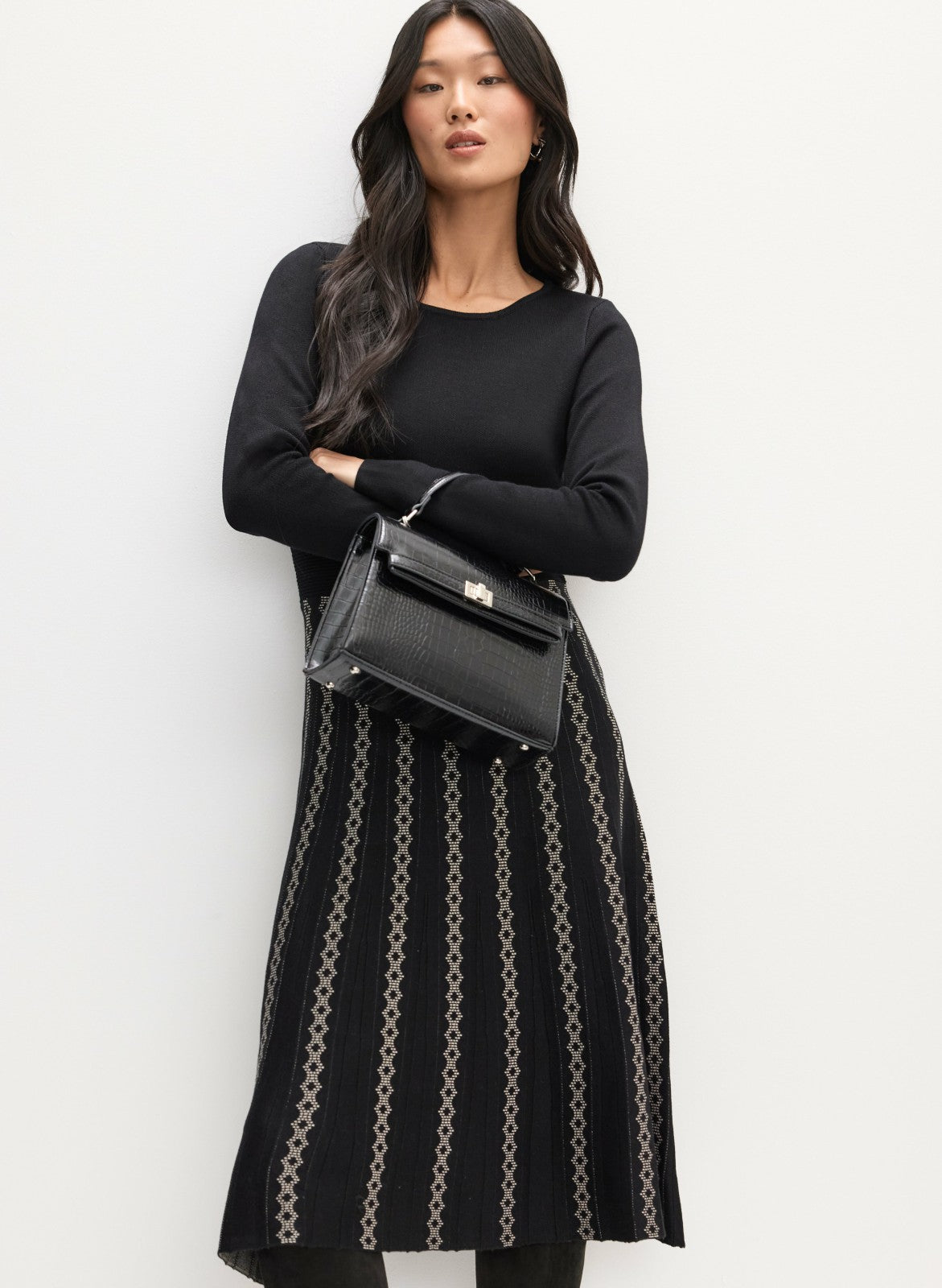 Women Mixed Jacquard Knit Dress Black | Melanie Lyne