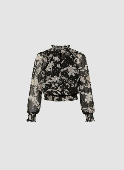 Women Floral Smocked Blouse Black & White | Melanie Lyne