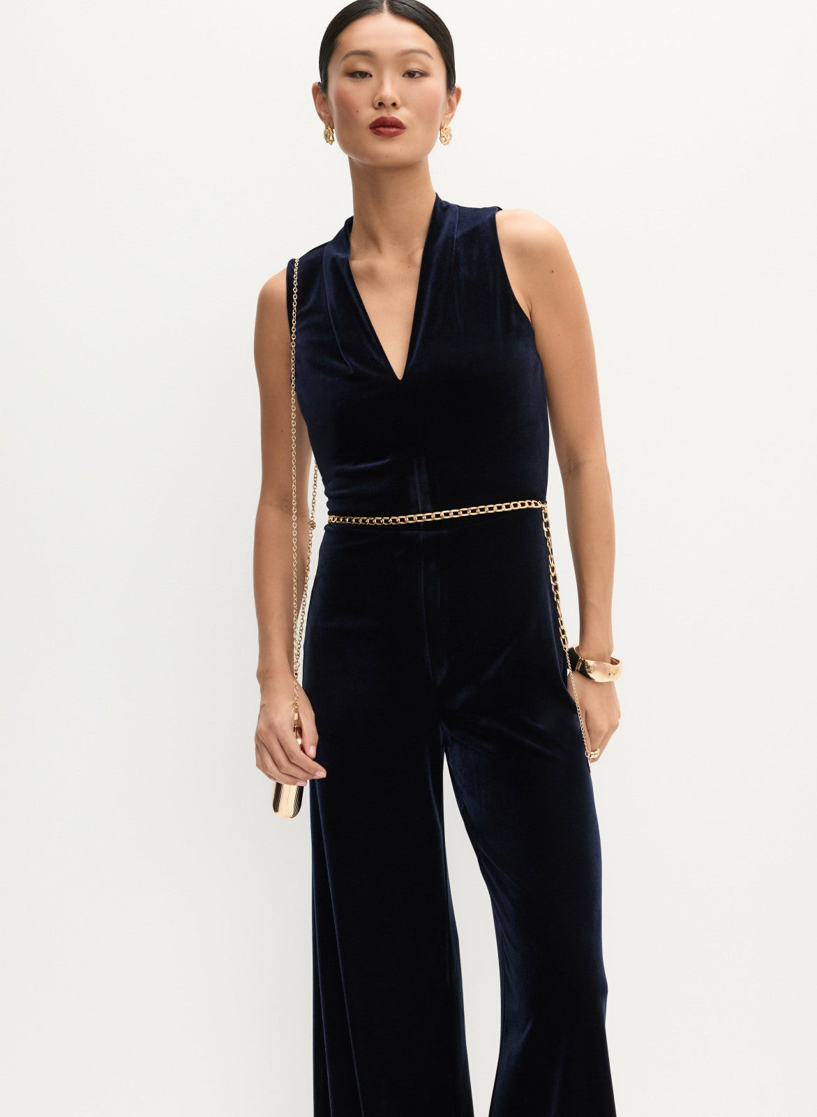 Women Long Velvet Jumpsuit Dark Navy | Melanie Lyne