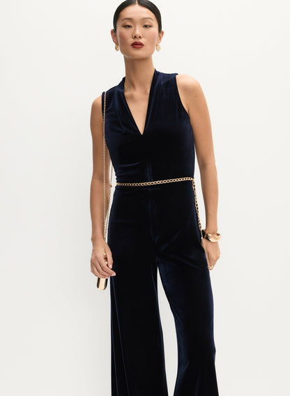 Women Long Velvet Jumpsuit Dark Navy | Melanie Lyne