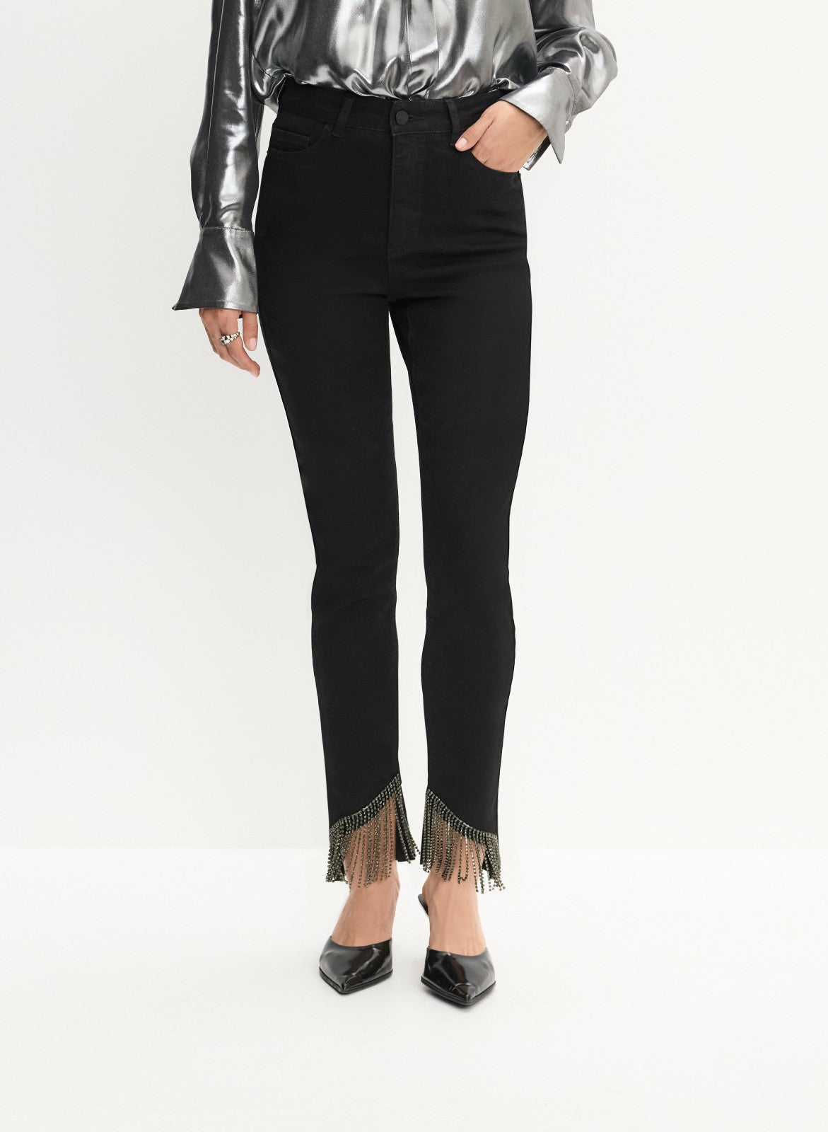 Women Bias Cut Fringe Hem Jeans Black | Melanie Lyne