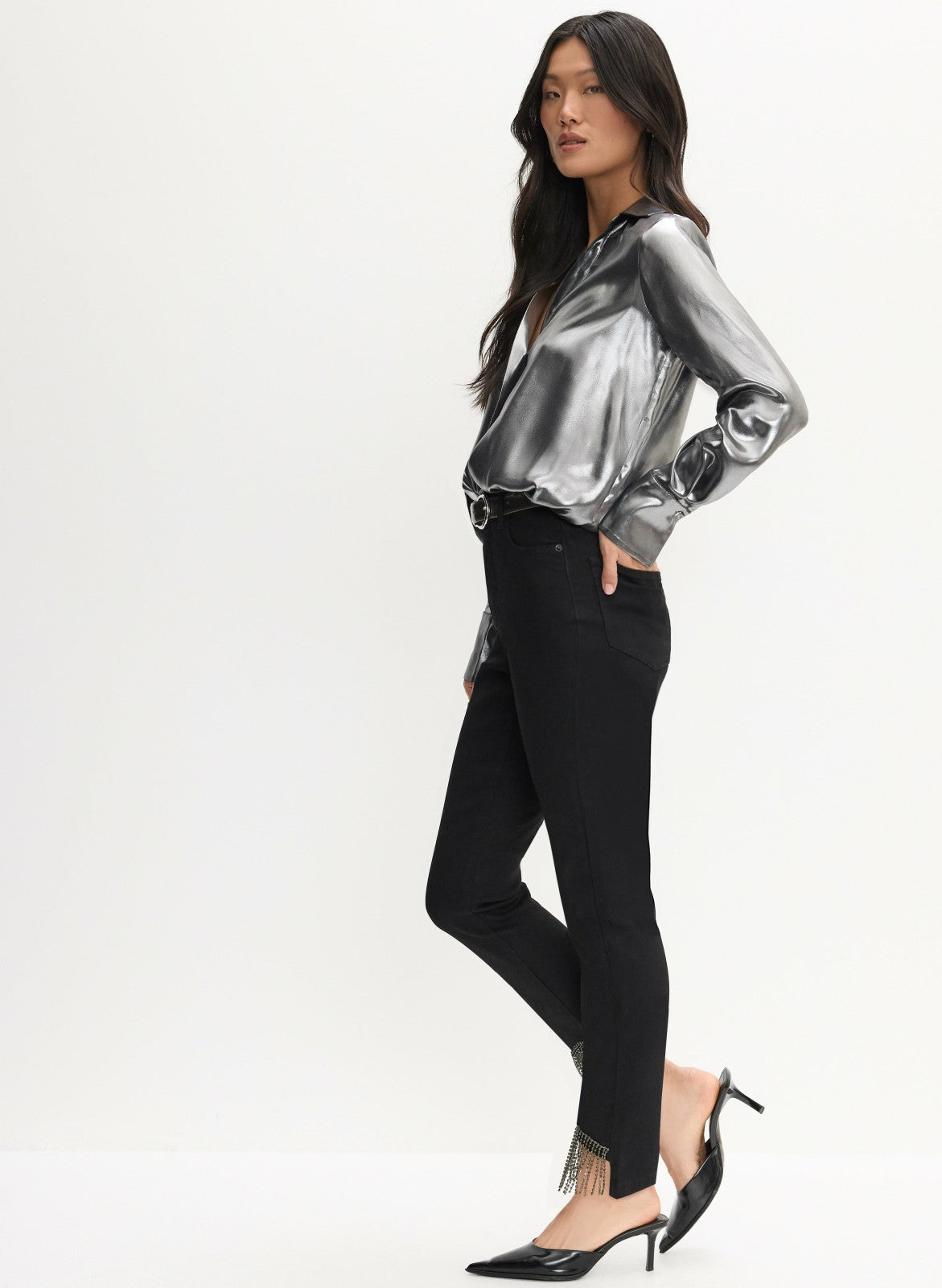 Women Bias Cut Fringe Hem Jeans Black | Melanie Lyne