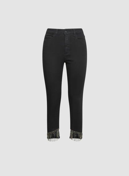 Women Bias Cut Fringe Hem Jeans Black | Melanie Lyne