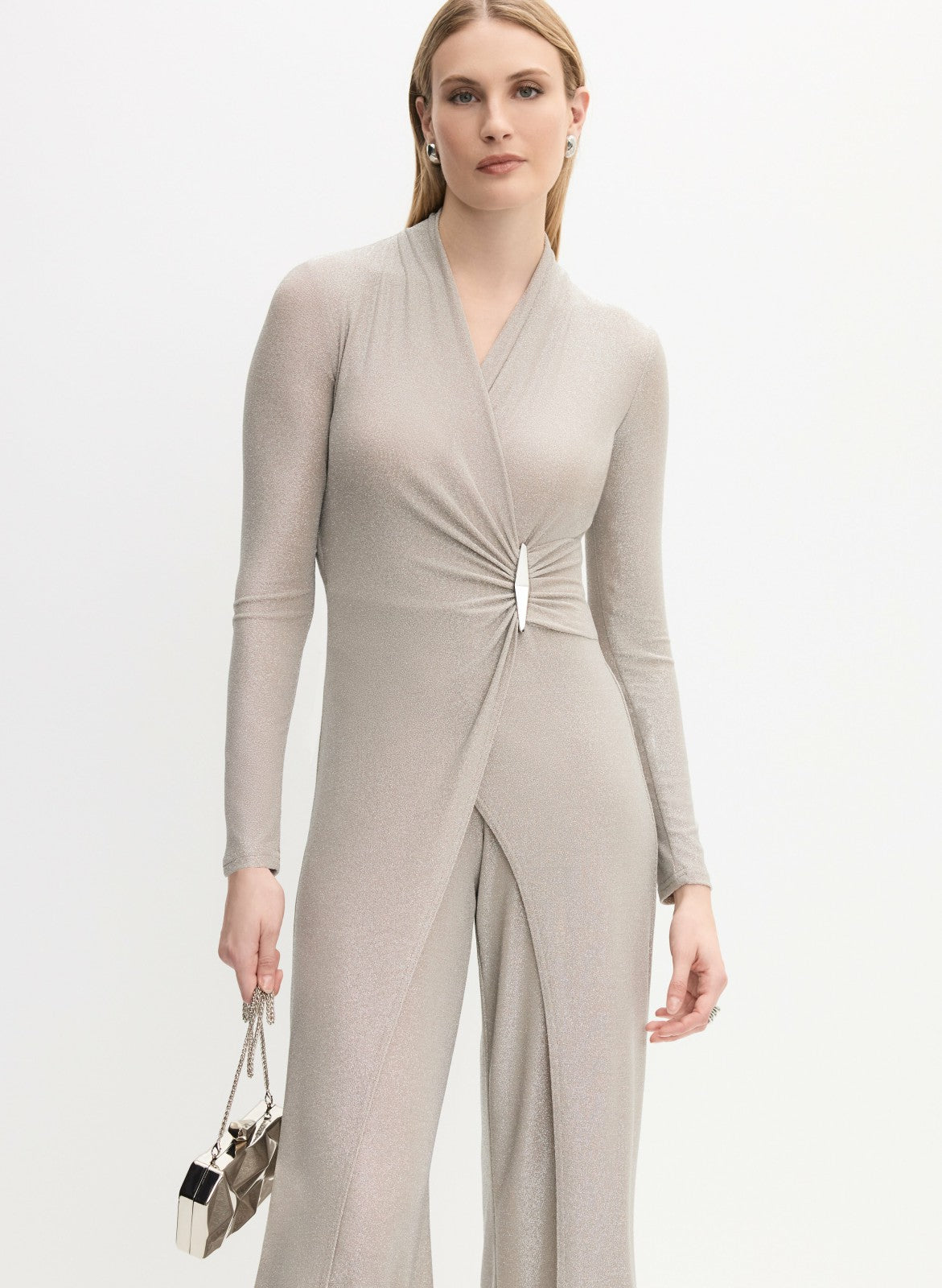 Women Joseph Ribkoff - Wrap-Front Embellished Jumpsuit Natural Beige | Melanie Lyne