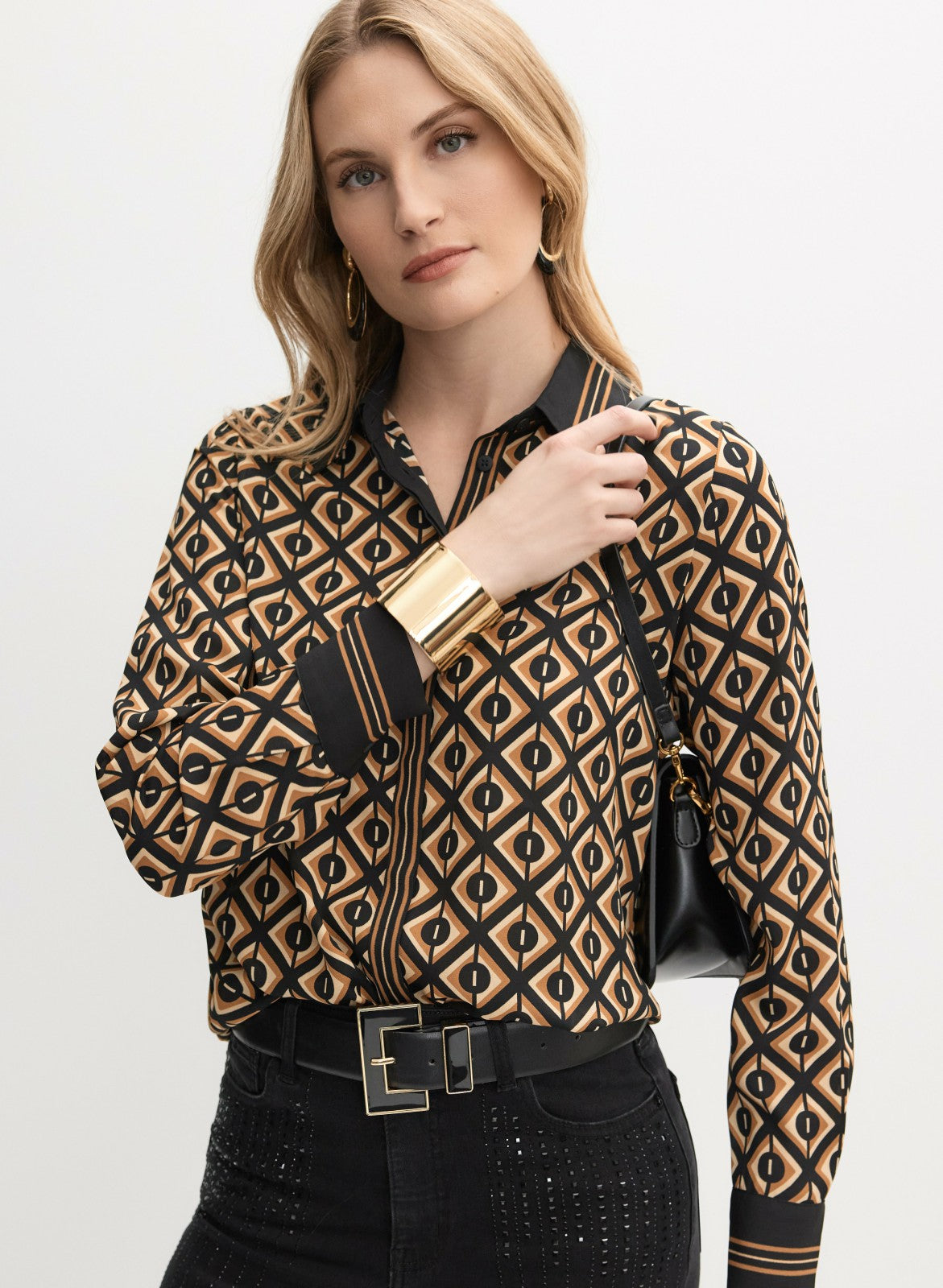 Women Geometric Button-Down Blouse Taupe | Melanie Lyne