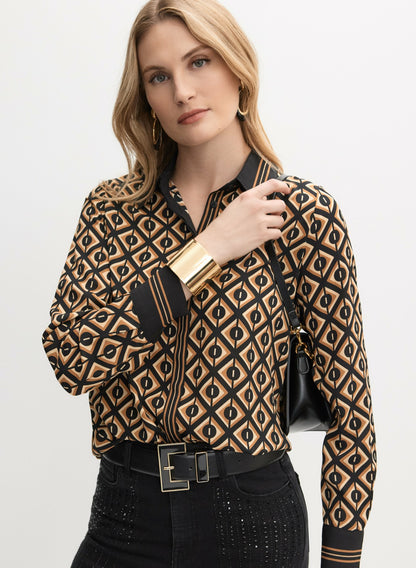 Women Geometric Button-Down Blouse Taupe | Melanie Lyne