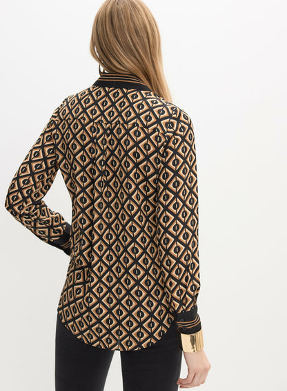 Women Geometric Button-Down Blouse Taupe | Melanie Lyne