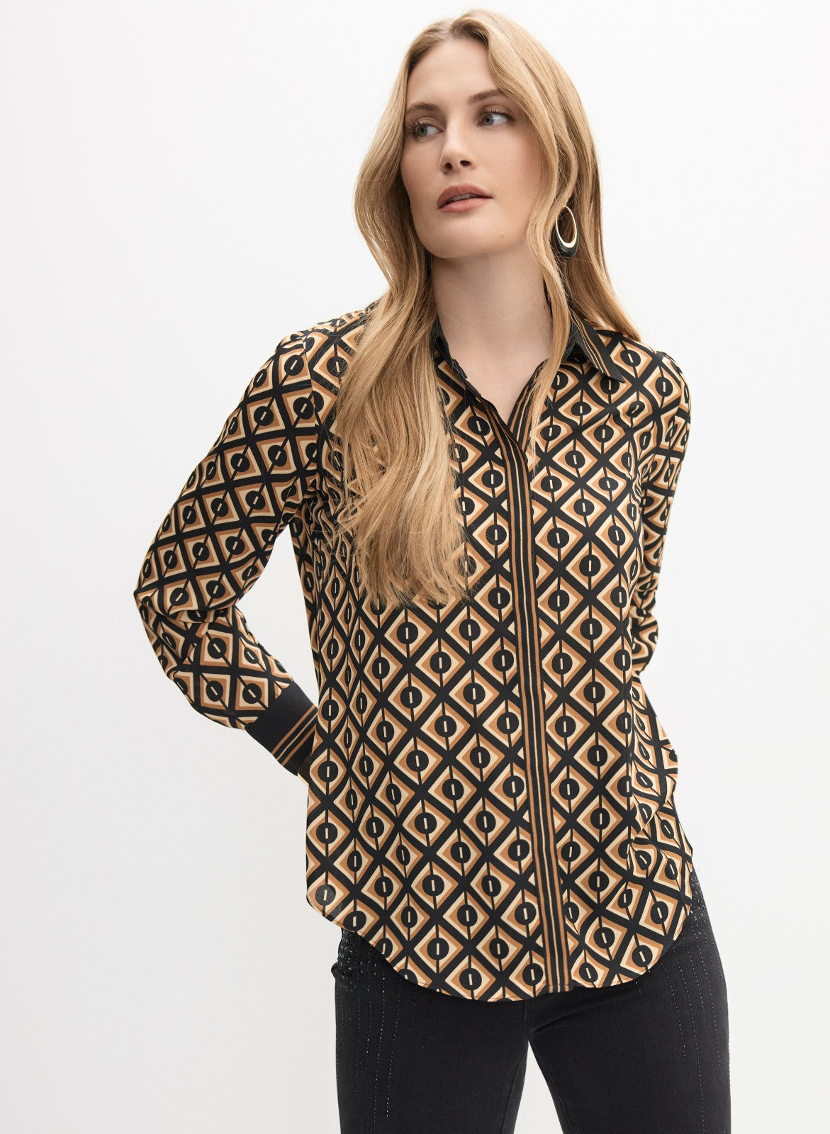 Women Geometric Button-Down Blouse Taupe | Melanie Lyne