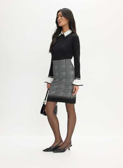 Women Plaid Print Knit Pencil Skirt Black & White | Melanie Lyne